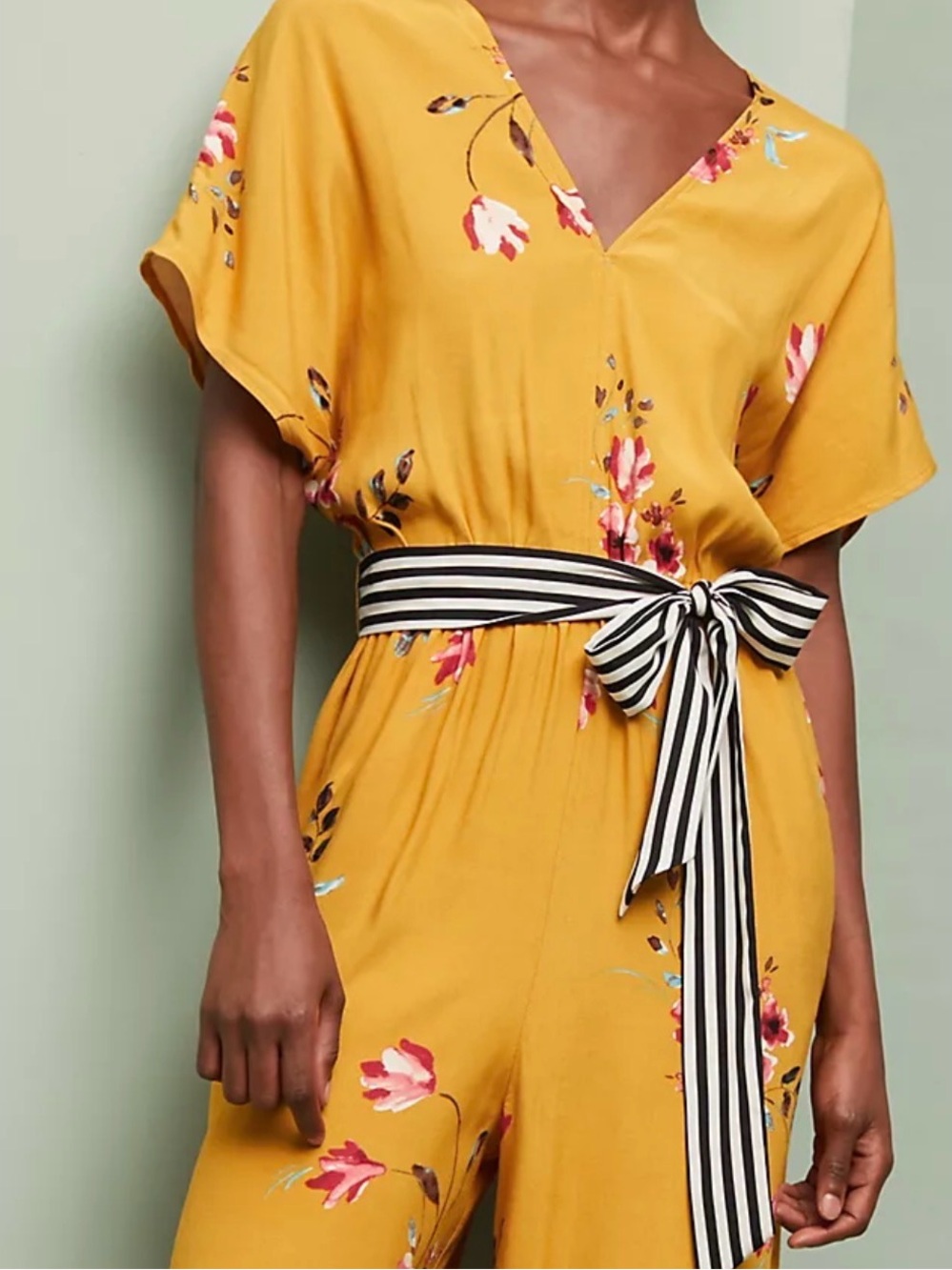 Corey Lynn Calter Mustard Floral V-Neck Jumpsuit with Striped Tie Belt